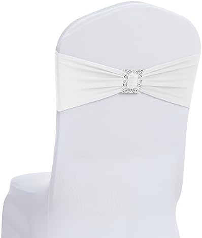 Joccun 60 PCS Spandex Chair Sashes Bows Stretch Chair Cover Band with Buckle Slider Universal Elastic Chair Ties for Wedding Banquet Party Event Decoration (White) by Joccun
