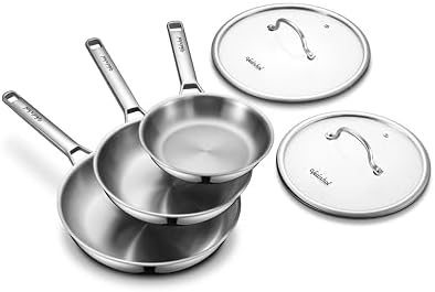 Stainless Steel Frying Pan Set with Lids 8"&10"&12",8 Inch Skillet+10&12 Inch Stainless Steel Pans with Lids,Frying Pan,Tri-Ply,PFOA&PTFE Free,Dishwasher&Oven Safe,Induction Compatible by VEDNHOL