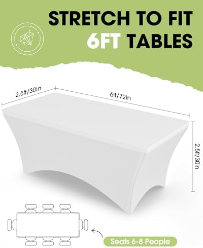 Pureegg Spandex Tablecloth 6ft - 6 Pack, Fitted and Stretch Table Cover for Rectangle Tables, Wrinkle-Resistant and Secure Fabric for Outdoor, Picnic, Party, Wedding, Banquet and Birthday, White - Image 2