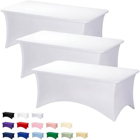 Fixwal 3 Pack 6FT White Tablecloth Rectangle Spandex Fitted Table Cover by Fixwal