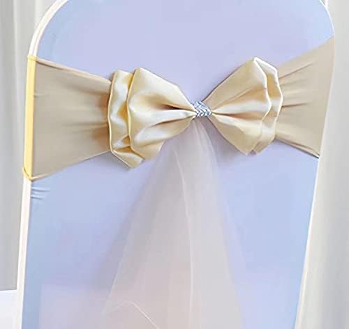 12Pcs Stretch Satin Chair Sashes Bows Chair Bands Decor for Hotel Wedding Reception Party Event Chair Cover Decoration Light Champagne - Image 2