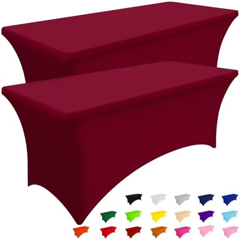 Smiry 2 Pack Spandex Table Cloth 6FT, Elastic Fitted Wine Red Tablecloth by Smiry