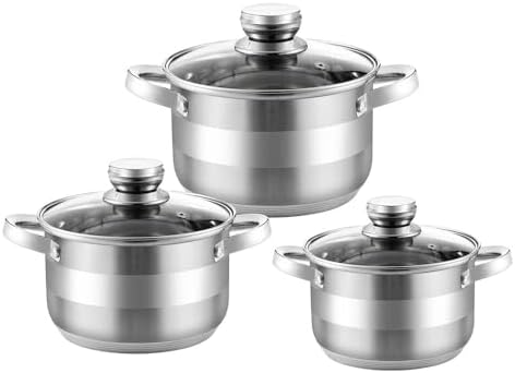 Stainless Steel Cooking Pot with Glass Lid Set of 3, Stock Pots with Measuring Scale, Cookware Pots, Stockpot Set, Casseroles, Induction Pot, 6.86 Qt, 8.66 Qt, 10.6 Qt by OrganicClub