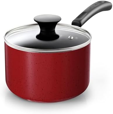 Cook N Home Basic 2 Quart Nonstick Saucepan with Glass Lid, Small Non Stick Aluminum Sauce Pan, Multi-Purpose Milk Chocolate Cooking Pot with Stay-Cool Handle, Marble Red by CookNHome