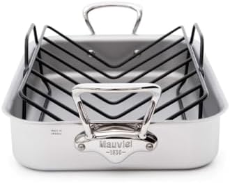 Mauviel M'Cook 5-Ply Polished Stainless Steel Roasting Pan With Rack, And Cast Stainless Steel Handles, 13.7 x 9.8-In, Made In France by Mauviel