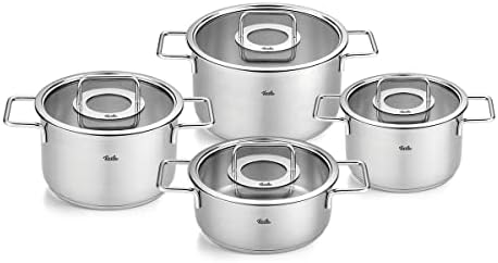 Fissler Pure Collection 4-Piece Stainless Steel Saucepan Set with Glass Lid (Stock Pot 16/20/24cm, Casserole 20cm - All with Glass Lid) Induction, Made in Germany, Uncoated by Fissler