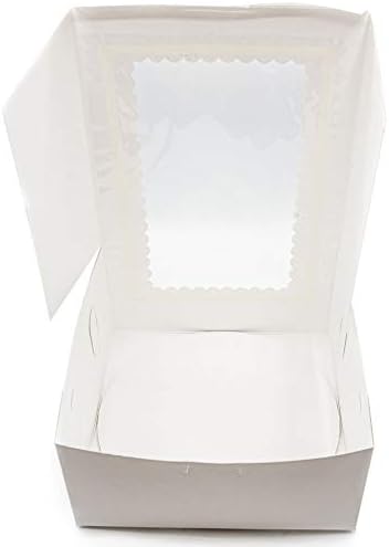 Made in USA 8" X 8" X 4" Recycled White Kraft Cake Box with Scalloped Window & 8" Round Cake Boards (Pack of 10 – Front Loading) - Image 3