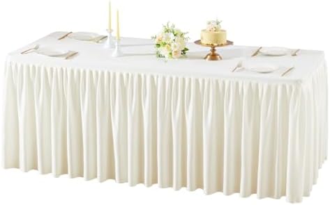 Wish Care Cream White Polyester Table Clothes for 8 Foot Rectangle Tables, Wrinkle Free Fitted Table Cover with Pleated Ruffle Table Skirt for Birthday Party Wedding Trade Show Event Display by WishCare