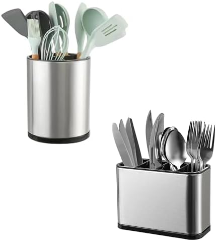 LIBODOUR Kitchen Utensil Holder Large 360° Rotating For Counter Organizer Stainless Steel Storage Cooking Silverware(2 Set) by ModernandFarmhouseUtensilHolder