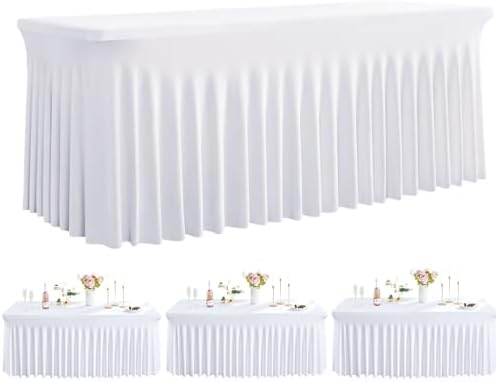 Spandex Tablecloth 8FT Rectangle Table Cover 3 Pack White Wrinkle-Free by Outpain