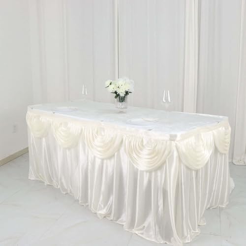 Efavormart Ivory Satin Double Drape Table Skirt for Kitchen Dining Catering Wedding Birthday Party Decorations Events 14ft - Image 5
