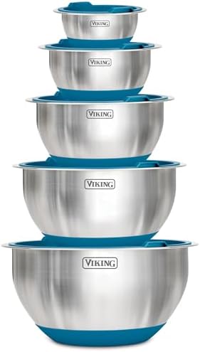 Viking Mixing Bowls Set, 10 Piece Stainless Steel Kitchen Cookware, Non-Slip Silicone Base, Includes Tight Fit Lids, Dishwasher Safe, Teal by Unknown
