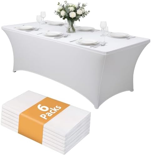 6 Pack 8FT Rectangular Spandex Tablecloth,Wrinkle Resistant Fitted Cover for 96x30 inch Banquet Table Cloth, Washable Stretch Fabric for Party, Events, Wedding, Vendor - White by Lemict
