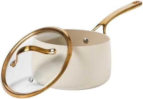 Bloomhouse - Two Time Oprah's Favorite Things Winner - 3 Quart Heavy Duty Aluminum Premium PFA Free Ceramic Nonstick Saucepan with Lid - Almond Cream w/Gold Handle - Image 7