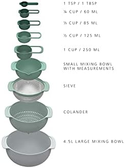 Joseph Joseph Nest 9 Plus, 9 Piece Compact Food Preparation Set with Mixing Bowls, Measuring cups, Sieve and Colander, Editions Range, Sage Green - Image 2