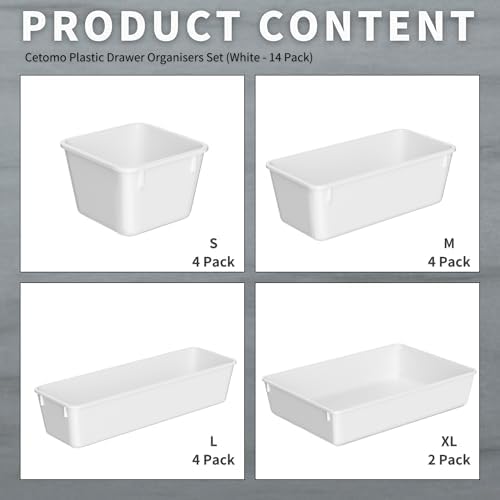 Cetomo 14 Pcs Drawer Organiser Set, Plastic Storage Drawer Organizer, Drawer Dividers, Adjustable and Expandable, Container Tray for Kitchen Utensils, Cosmetic, Makeup, Gadgets, White, 4 Size-14 Pack - Image 3