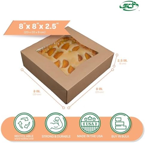 SCT Kraft Window Bakery Box (200 Quantity) 8x8x2.5, Automatic Bakery Carrier for Pies, Donuts, Pastries, Kraft with Clear Lid, 24013K - Image 2
