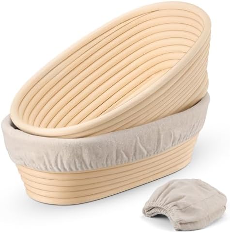 P&P CHEF Bread Proofing Basket Set of 2, 10 Inch Oval Sourdough Basket | Sourdough Bread Baking Supplies for Bakers, Starter, Handmade Rattan Baskets with Liners by PPCHEF