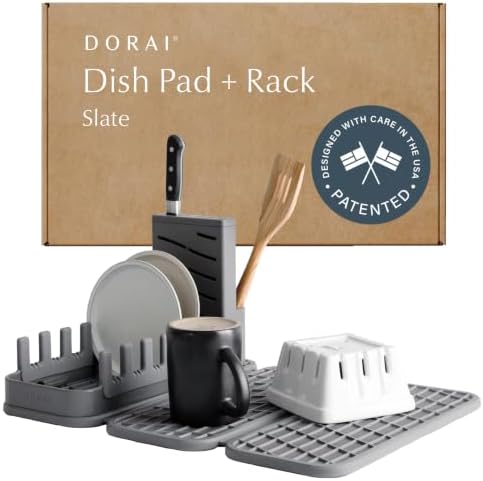 Dorai Home Collapsible Dish Drying Rack with Stone Dish Pad - Kitchen Counter Set with Diatomaceous Earth Stone Dish Mat for Quick Drying - Space-Saving Design - Original 19.9"x15.2", Slate by DoraiHome