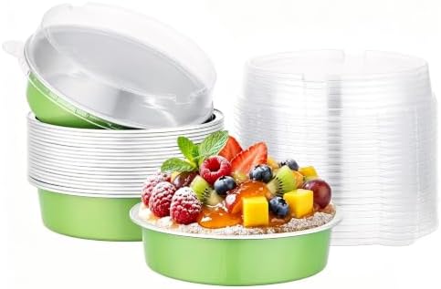 Beasea Mini Tart Pans with Lids 20 Pack, 4" 7.3oz Matcha Green Disposable Aluminum Foil Baking Tins Cups, Round Pie Container Mini Tart Pan for Individual Cupcake Dessert Muffin Cheesecake Quiche by Beasea