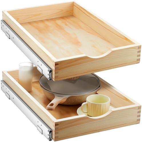 Menkxi 2 Set Wooden Pull out Cabinet Organizer Fully Assembled Slide out Pantry Drawer with Gentle Close Storage Shelf Tray for Base Kitchen Under Sink Bathroom Accessory(Wood Color,15'' X 21'' X 3'') by Menkxi
