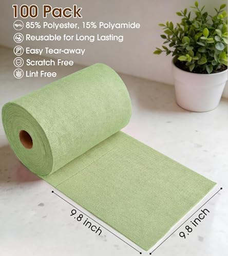 KitchLife Microfiber Cleaning Cloth Roll, 100 Pack - Tear-Away Microfiber Paper Towels, Lint-Free, Reusable, Washable for Kitchen, Car, Dishes, and Sensitive Surfaces (Bean Green) - Image 2