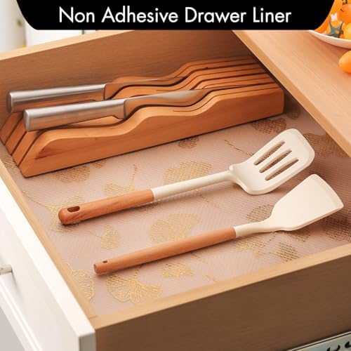 Cooyes Shelf Liner, Non Adhesive Drawer and Cabinet Liner, EVA Washable Oil-Proof Shelf Paper for Kitchen Cabinets, Refrigerator, Storage, Desks with Modern Pattern （Gold Ginkgo，11.8" W x 236" L） - Image 2