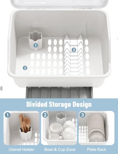 Tomorotec Plastic Dish Drying Rack & Drain Board with Lid Cover Light White - Image 4