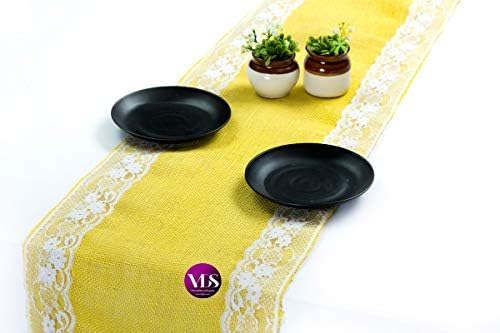 VDS Pack of 20, Burlap Table Runner with White Lace Edge, 100% Natural Jute Rustic Hessian Table Cloth Centerpiece for Wedding Birthday Party Banquet Table Decoration (Size 12X108 Inch)(Yellow) by VDS