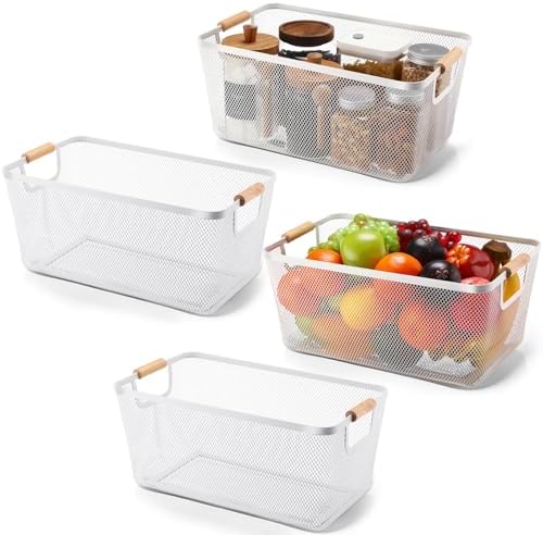 Ziliny 4 Pcs Mesh Wire Baskets for Organizing, Extra Large, Cream White | Metal Pantry Organizers with Wooden Handles, Storage Steel Bin, Kitchen Baskets for Fruit Potato Onion Snacks Bath Cabinet by Ziliny