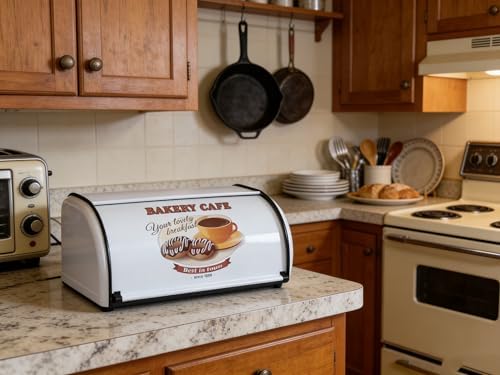 Large Metal Bread Box for Kitchen Countertop, White Roll Top Bin - Image 7