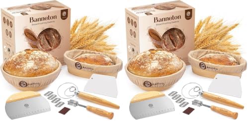 ABIOTO Sourdough Bread Baking Kit - 14-Piece Set with 9" Round & 10" Oval Rattan Banneton Proofing Baskets, Liners, Bread Lame, Danish Whisk & Scrapers for Home Bakers (Pack of 2) by ABIOTO