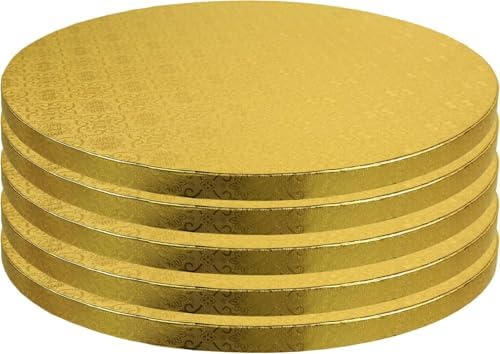 O’Creme Cake Board, Gold Foil Round Cake Circles with Gorgeous Design, Sturdy & Durable 1/2” Thick Cake Drums, Round Cake Boards with 9” Diameter, Pack of 5 Disposable Cake Drums by OCreme