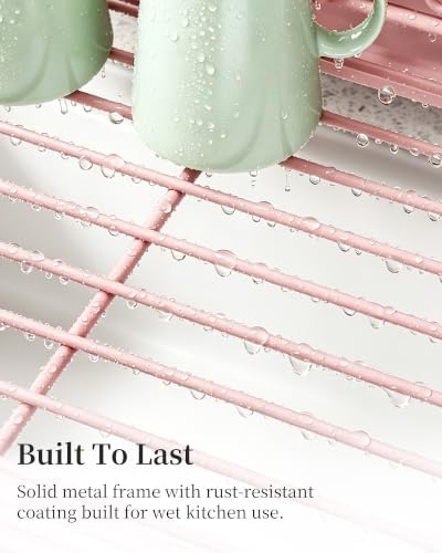SAYZH Expandable Dish Drying Rack for Kitchen Counter, Metal, Pink - Image 7