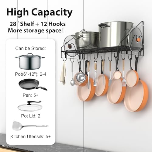 VyGrow 28 Inch Pot Rack Wall Mounted, Pots and Pans Organizer with 12 Hooks and 2 Pot Lid Holders, Heavy Duty Steel Pot and Pan Hanger for Kitchen Cookware Utensils Storage 34.7" Lx13 Wx12.6 H - Image 3