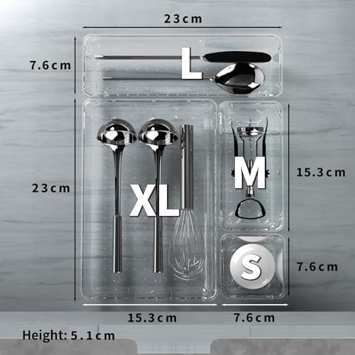 Cetomo 14 Pcs Drawer Organiser Set, Plastic Storage Organizer, Drawer Dividers, Adjustable and Expandable, Container Tray for Kitchen Utensils, Cosmetic, Makeup, Gadgets, Clear, 4 Size-14 Pack - Image 2