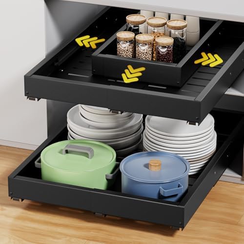 Upgrade 2 Pack Pull Out Cabinet Organizer, Expandable Width (11.4"-18.9") Depth (16.3"-21.7") Pull out Drawers for Cabinets with 3 Rails, No Drill Adhesive Film or Nail Slide out Drawers for Kitchen by Beolisav