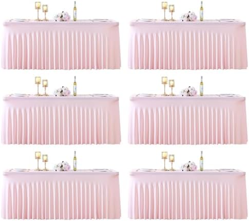 6 Pack 8ft Pink Spandex Table Cloths for Rectangle Tables Wrinkle Free Pink Rectangle Tablecloths Stretch Fitted Table Cover with Skirt for Baby Shower Girl Birthday Party Wedding Banquet Buffet by Suppromo