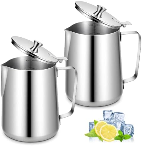 2 Pcs Stainless Steel Pitcher with Lid, 67 oz Silver Metal Measuring Cup with Dual Scale Markings, Milk Frothing Jug for Espresso Machines & Latte Art by Unknown