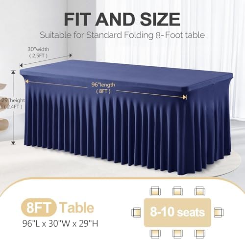 PARTISKY 4 Pack Navy Blue Table Cover for Rectangle Tables 8ft,One-Piece Spandex Elastic Table Cloth with Skirt for Wedding Folding Table Banquet Baby Shower & Birthday Parties - Image 4