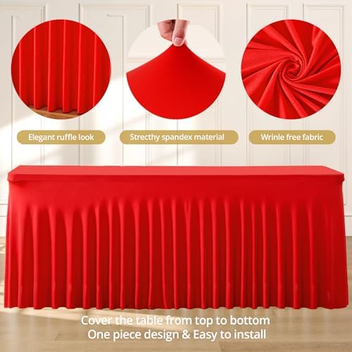2 Pack Red Spandex Tablecloths for Rectangle Tables 8 Foot Red Stretch Table Cloth Rectangle 8ft Elastic Fitted Table Cover Fabric with Skirt for Wedding Graduation Birthday Party Banquet Buffet - Image 6