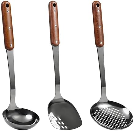 FJNATINH Stainless Steel Wok Spatula,Ladle,Skimmer Ladle Tool Set,Mirror Polished Cooking Utensils with Wooden Handle,Easy to Clean Wok Accessories,Black 3 PCS by HOMEKITCHENTOOL