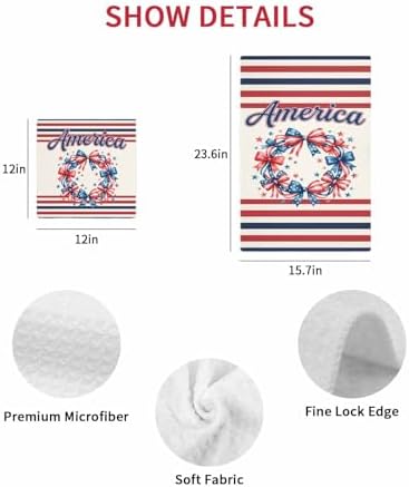 Independence Day Dish Towels Set, Waffle Weave Kitchen Towels 2 Pieces, Patriotic USA Flag Bow Wreath Striped Microfiber Hair Face Bath Tea Towel Absorbent Quick Drying Cleaning Dish Cloths, 12"x12" - Image 7