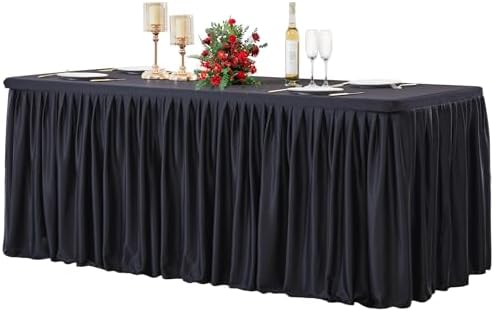 Wish Care Black Polyester Table Clothes for 4 Foot Rectangle Tables, Wrinkle Free Fitted Table Cover with Pleated Ruffle Table Skirt for Birthday Party Wedding Trade Show Event Display by WishCare