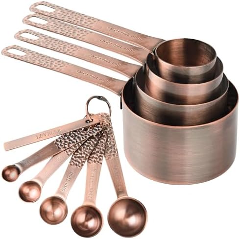 Copper Measuring Cups and Spoons Set, Stainless Steel Measuring Tools Set for Baking & Kitchen, Metric & US 4 Copper Plated Measure Cups and 5 Measure Spoons with Leveler for Wet & Dry by SUNMVEHOT