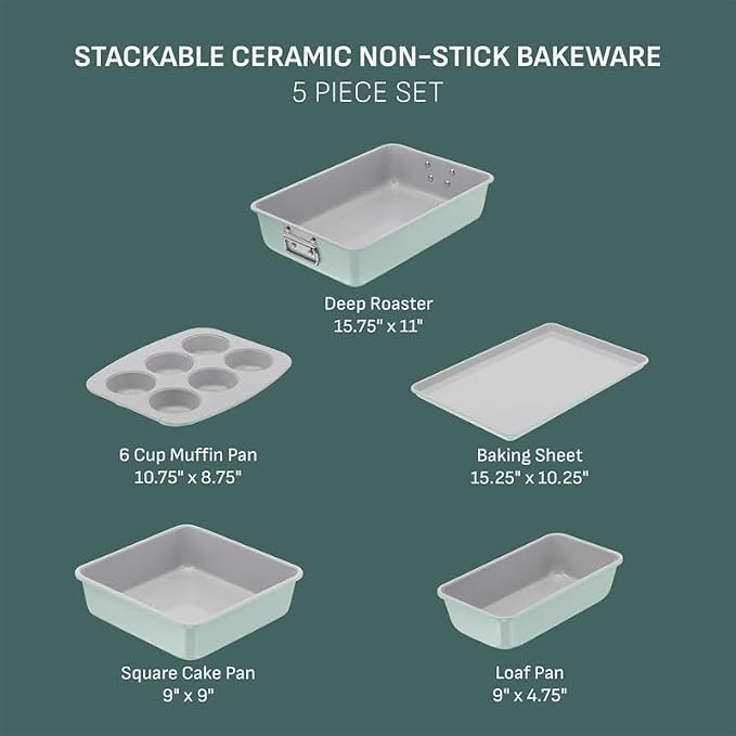T-fal Refresh Ceramic Nonstick Baking Pans Set (5 Pieces), Roaster, 6-Cup for Muffins, Loaf, Square Baking Sheets Non Stick, Stackable Bakeware Sets, Mint Green - Image 2