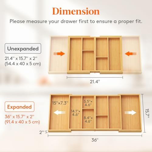 Lifewit Expandable Utensil Organizer for Kitchen Drawer, Cutlery Holder | Adjustable Cooking Silverware Tray, Bamboo Flatware Spatula Tools Gadgets Storage Divider, 21-36 x 16", Natural - Image 2