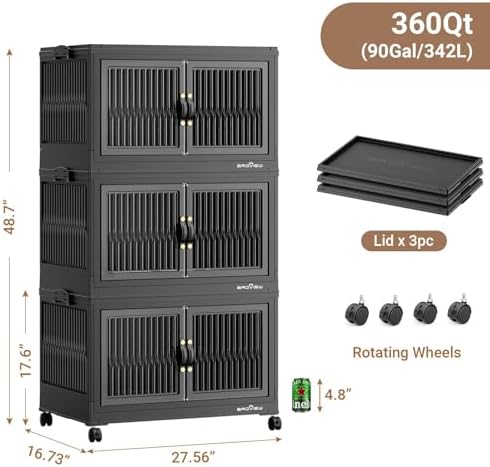 BROVIEW 360Qt Stackable Storage Bins with 3 Lids, Extra Large Closet Organizer Collapsible Drawer Boxes with Wheels, Folding Plastic Cabinet Containers for Home Kitchen Room Organization, 3Pack Black - Image 2
