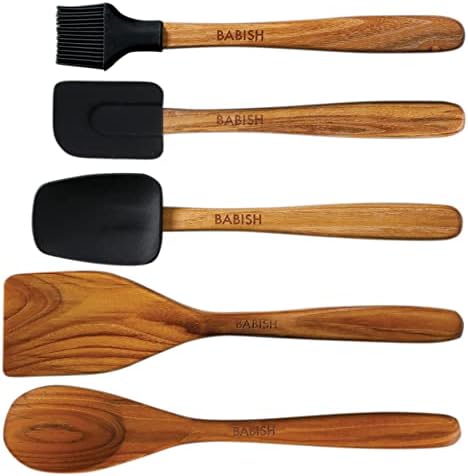 Babish 11 Piece Essential Teak Wood, Silicone, and Stainless Steel Tool Set - Image 4