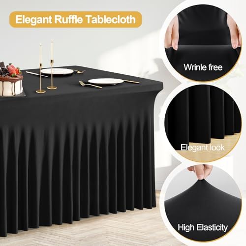 PARTISKY 4 Pack Black Spandex Table Cover with Skirt - 6ft Rectangle One-Piece Stretch Tablecloth for Wedding, Banquet, Birthday Party, Trade Shows & Foldable Tables - Image 3